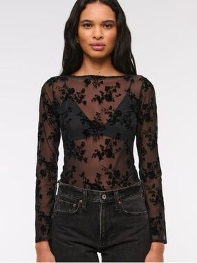 Abercrombie & Fitch Black Sheer Floral Appliqué Long-Sleeve Top